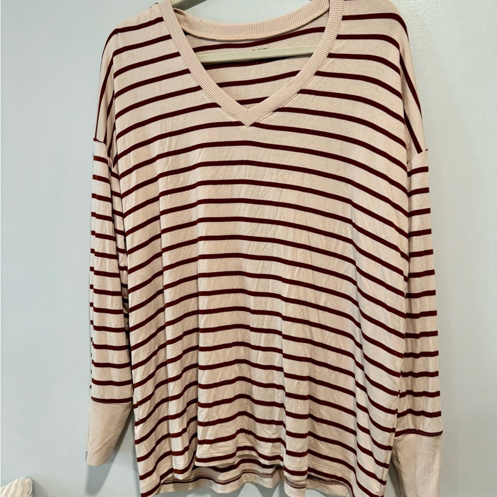 LOFT Cream and Brown Striped Knit Top